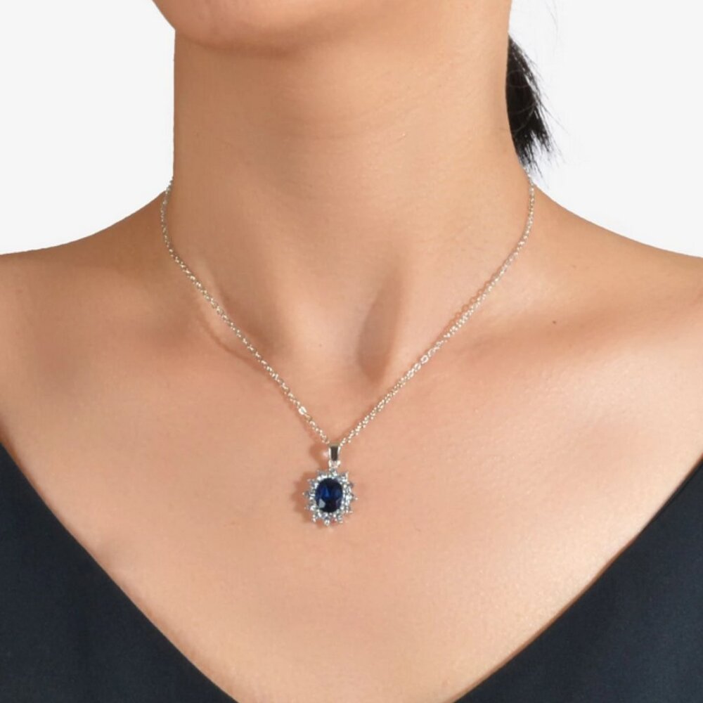 18K White Gold Womens 1ct Diamond Blue Sapphire Gemstone Necklace 2ct Jewelry